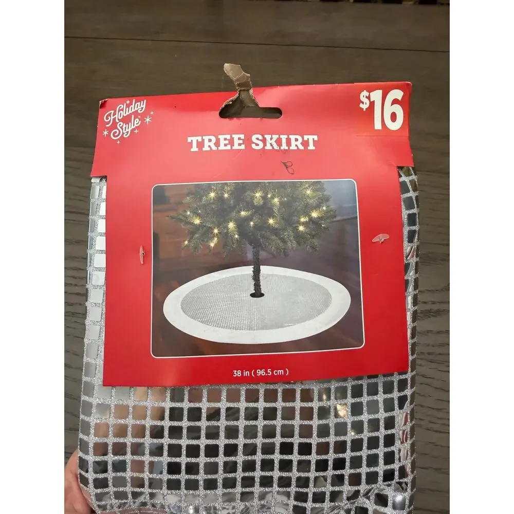 New Silver Mirror Tile Christmas Tree Skirt 38” White Faux Fur Holiday Decor